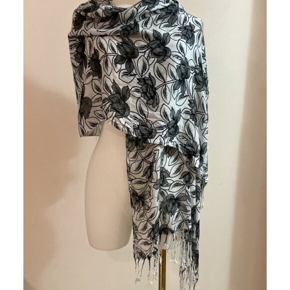 Vintage Black Floral Wrap Shawl Scarf 72X22" Fringe Lightweight Drapey Boho - Picture 1 of 6